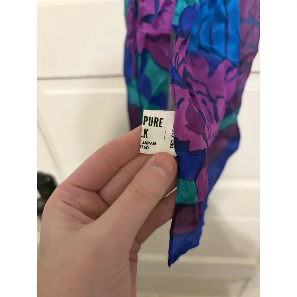 Vintage 100% Silk Scarf Blue And Purple Floral 56x11”